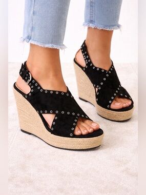 Report Caden sandals dark gray black espadrille wedge platform buckle size 10
